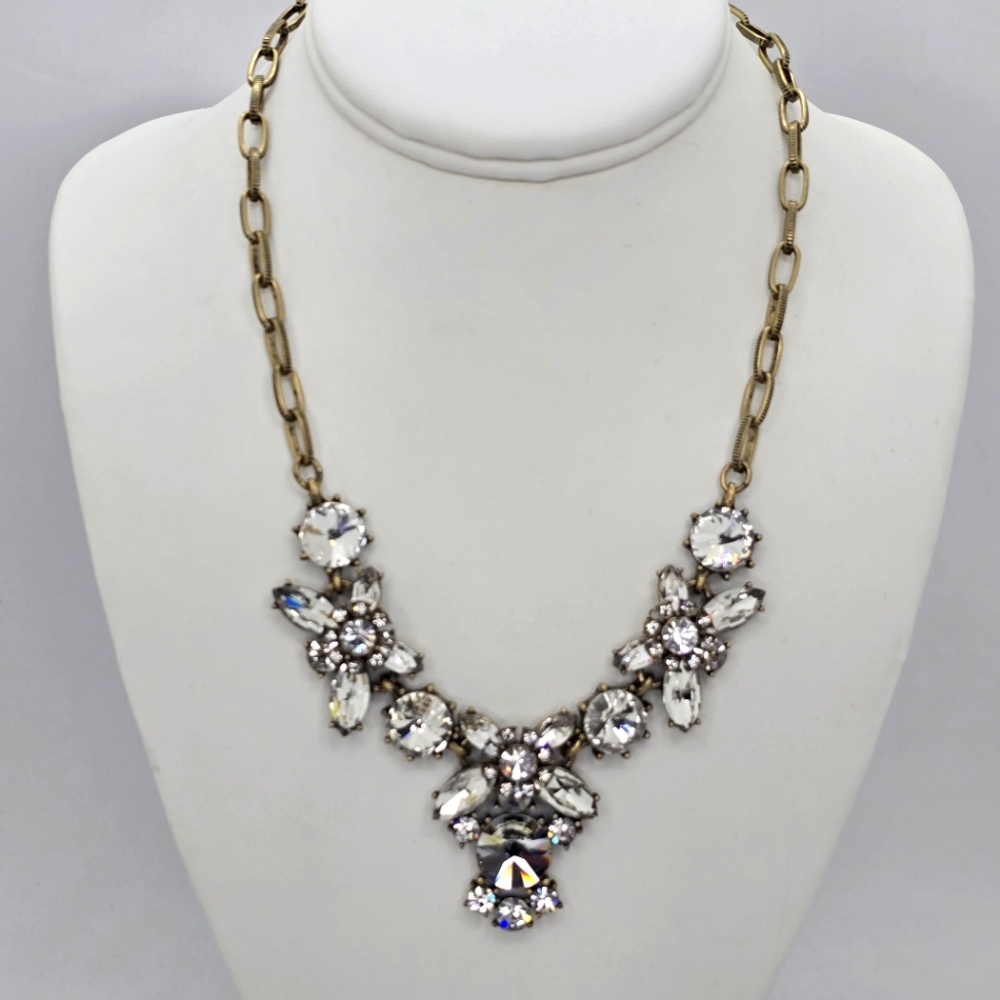 Designer J. Crew Statement Necklace Gold Tone Clear Faceted Rhinestone 18"-21"